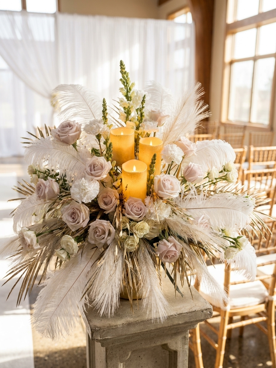 White and blush rose arrangement with ostrich feathers and glowing candles on a pedestal in a ceremony venue