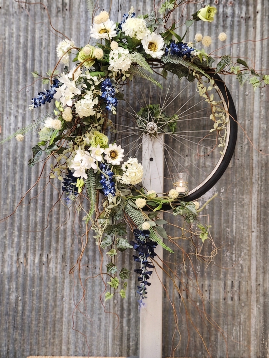 Bicycle wheel wreath with white hydrangea, daisies and navy delphinium against weathered barn wood