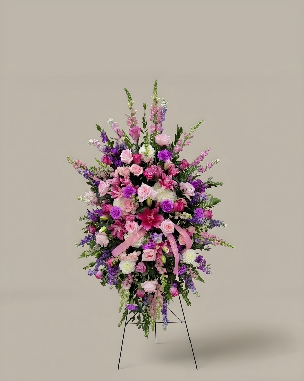 Pink and lavender standing funeral spray on an easel